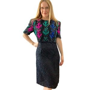 80s Silk Sequin Beaded Dress AS IS Black Formal XS